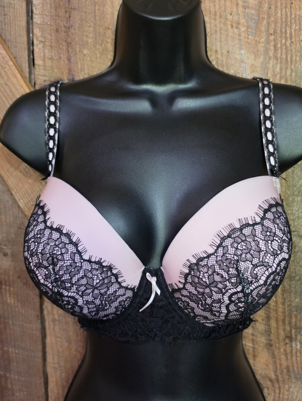 Vintage Victoria's Secret Dream Angels Ribbon Slot Lined Demi Bra - Pink & Black